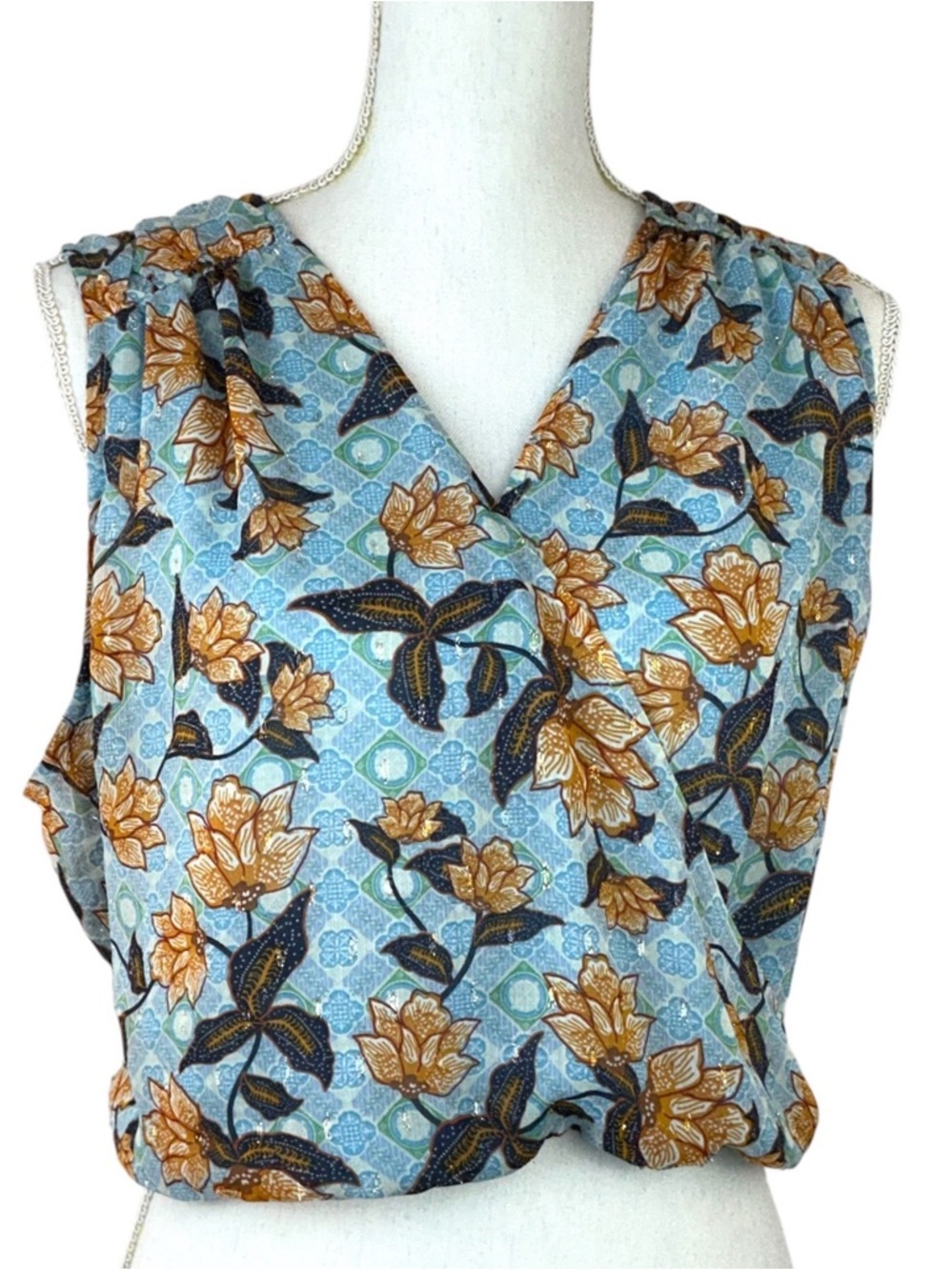 Rachel Zoe Cropped Top Faux Wrap Sleeveless V neck Mustard Blue Large - Picture 16 of 16